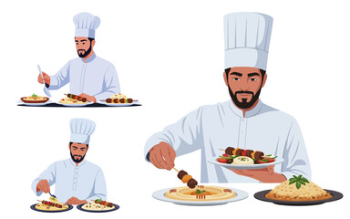 Chef Presenting Delicious Middle Eastern Cuisine with Skewers Hummus and Rice – Vector