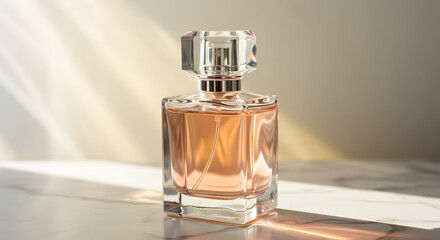 Glass bottle of floral perfume, sunlight refracting through the liquid