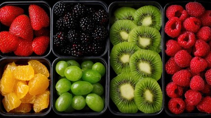 Colorful fruit in black plastic containers