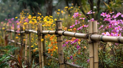 A vibrant floral display of pink and yellow flowers along a rustic bamboo fence in a serene garden setting.
