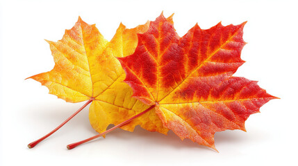 Fototapeta premium Autumn maple leaves with vibrant red and yellow colors isolated on white background showing seasonal change and natural texture