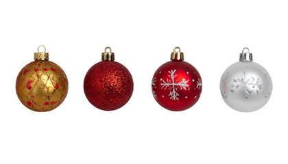 Four festive Christmas ornaments in gold, red glitter, red snowflake, and silver snowflake designs