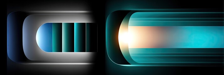 Abstract graphic design with layered shapes, vibrant teal and blue hues, and light effects