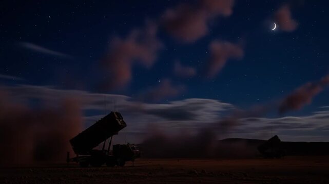Nighttime Multiple Launch Rocket System Firing Demonstration in a Desert Landscape under Crescent