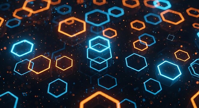 Abstract futuristic background with glowing blue and orange hexagons and particles