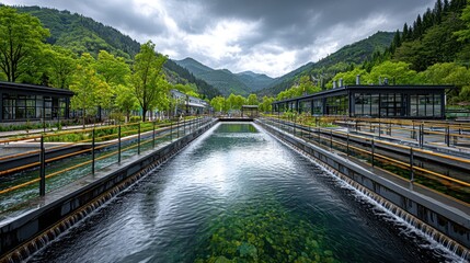Fototapeta premium Water Treatment Plant Surrounded by Lush Green Mountains and Cloudy Sky