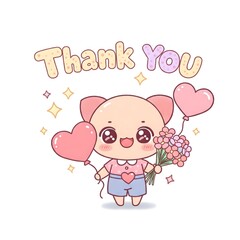 Fototapeta premium Adorable Cartoon Cat Holding Flowers and Balloons Says Thank You Perfect for Greeting Cards