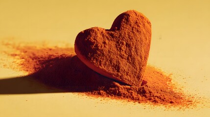 Heart-shaped pile of orange spice on a pale background.