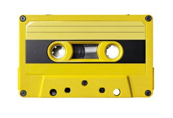 Close-up of a bright yellow audio cassette tape.  A light,  pale yellow label sits  horizontally across the  black center.  Small, dark  holes,  and screws  are visible