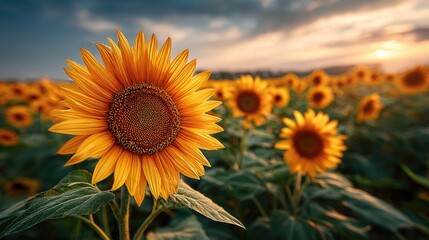 Obraz premium Sunflowers in a field at sunset