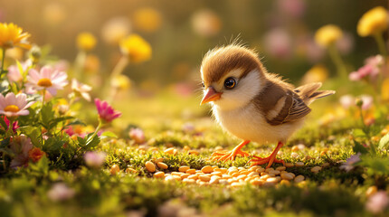 Fototapeta premium Adorable Fluffy Baby Bird Foraging for Seeds in a Golden Spring Meadow Amidst Blurry Wildflowers and Warm Sunlight