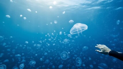 Serene Underwater Encounter: Exploring a mesmerizing Jellyfish Bloom with a lone Diver's Perspective - Powered by Adobe
