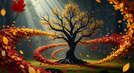 A majestic tree with autumn leaves swirling around it in a mystical forest setting with sun rays ai generated