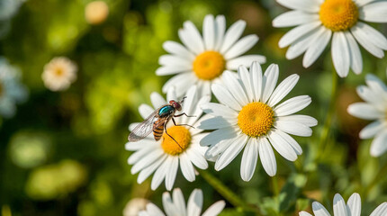 A hoverfly with iridescent green eyes rests on a white daisy with a yellow center, surrounded by more flowers and blurred green foliage.