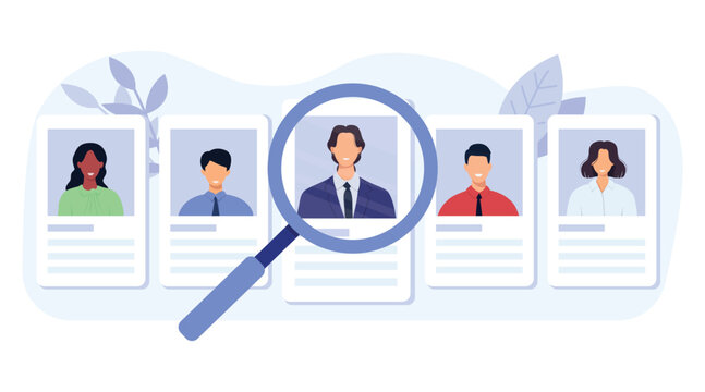 Recruitment concept. Search, choice of worker for company. Profiles of candidates with photos and resume online and magnifier to one selected candidate for vacancy. Vector illustration.