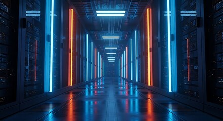 Abstract digital circuit board with glowing blue lines leading to a bright light on a dark background