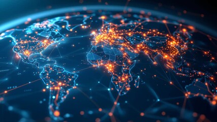 Global Digital Network: A vibrant depiction of interconnected global network, showcasing the digital world's infrastructure, data flow, and international connections. - Powered by Adobe