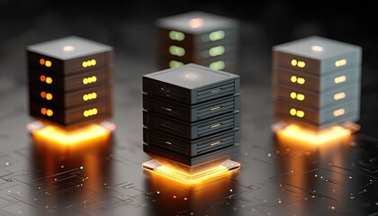 Modern server racks lit by glowing base