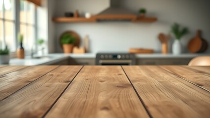 Rustic wooden table with natural grain texture and a softly blurred kitchen window.