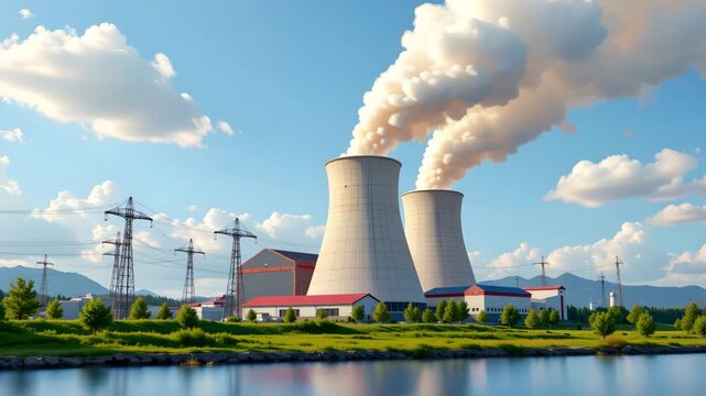 Power Plant Landscape: A sprawling power plant dominates the scene, its colossal cooling towers emitting billowing clouds into the clear sky, illustrating energy production and industrial progress.