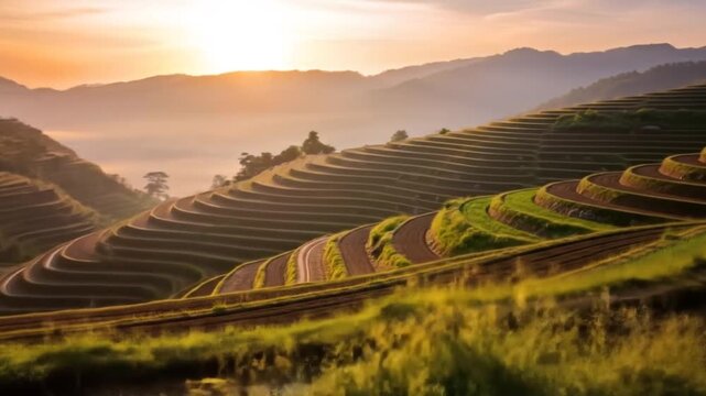 Serene rice terraces landscape at dawn, panoramic vista, showcasing agricultural mastery and