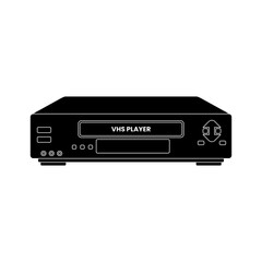 Black fill silhouette vector icon of a VHS player, featuring front panel controls and cassette slot, symbolizing retro video technology and home entertainment devices.