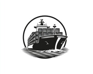 Fototapeta premium Cargo ship logo, black and white, circular frame