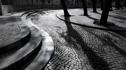 Curved pathways and steps, with strong shadows.