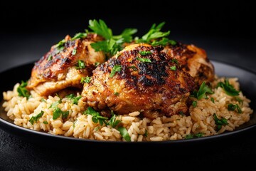 Roasted chicken thighs and rice, garnished with parsley, served on a dark plate