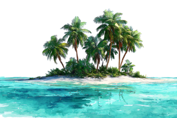 Tropical island paradise with palm trees isolated on transparent background