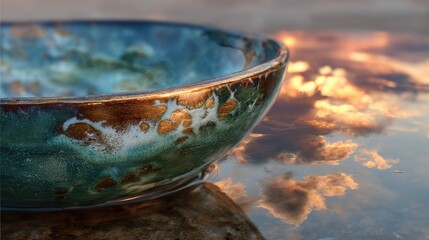 Fototapeta premium Ceramic bowl, sunset reflection, tranquil scene, outdoor setting