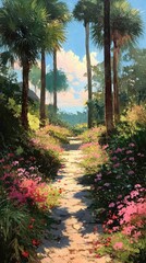 Obraz premium Tranquil Path Through Tropical Foliage