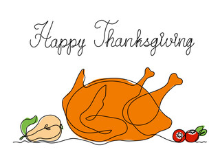 Happy Thanksgiving day. Greeting card. Abstract baked turkey with pear and berries, continuous single one line art hand drawing sketch logo