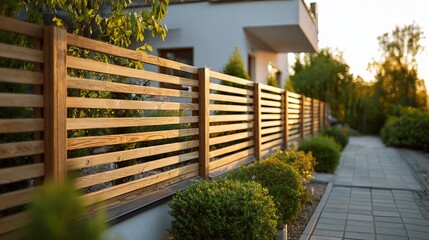 A sleek wooden fence lines a tranquil pathway, enhancing a serene outdoor setting during golden hour.