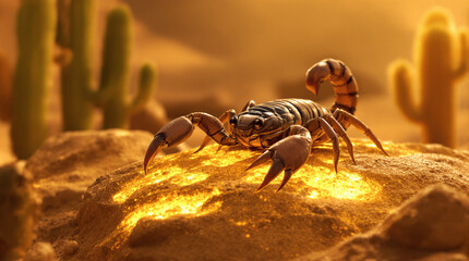 Intense Desert Scorpion on Glowing Rock with Golden Light and Cacti Background