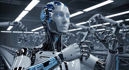 Fototapeta premium 製造ラインで整列する人型ロボットの未来C