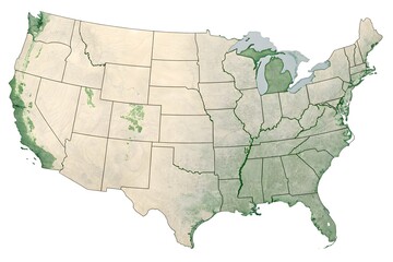 Fototapeta premium Map of the United States Showing Green Vegetation Areas green areas