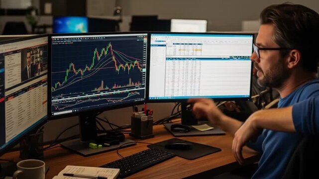 Day Trader Analyzing Stock Market Data, Financial Charts and Investment Strategies on Multiple