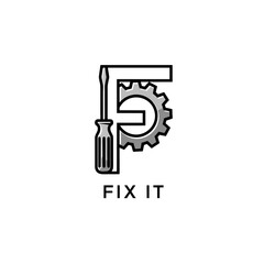 Simple Fix It Logo With a Gear and Screwdriver Forming the Letter F