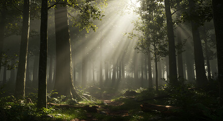 Ethereal sunbeams pierce through the morning mist in a tranquil, dense green forest.