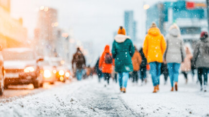 Busy winter city street filled with pedestrians and cars during snowfall