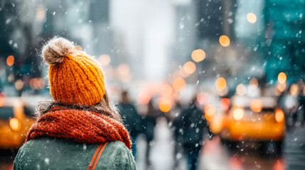 Busy city street in winter with falling snow and pedestrians in motion