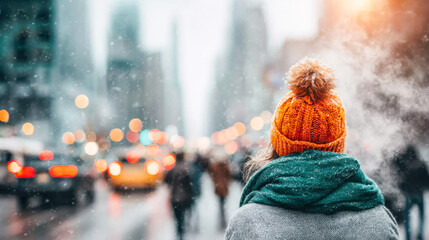 Busy city street in winter with pedestrians and traffic in a bustling urban environment