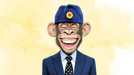 Bored ape inspired character in a suit with a playful expression and a unique hat