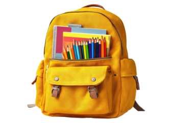 Bright yellow backpack filled with colorful school supplies