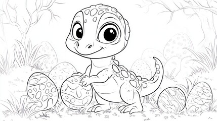 Fototapeta premium Adorable baby dinosaur amidst eggs, nestled in a grassy, wooded area. Ready for coloring