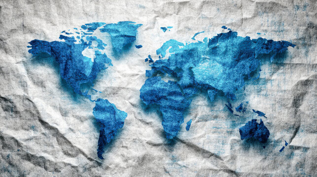 Flat schematic world map with blue continents and crumpled paper texture