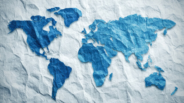 Flat schematic world map in various shades of blue on textured background