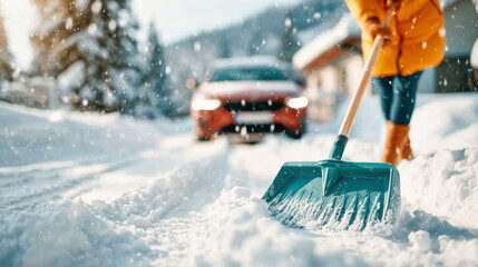 Snow-covered driveway in suburban neighborhood during winter with a person shoveling snow