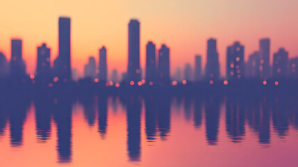 Fototapeta premium Modern city skyline glows under pastel sunset colors with calm water reflections